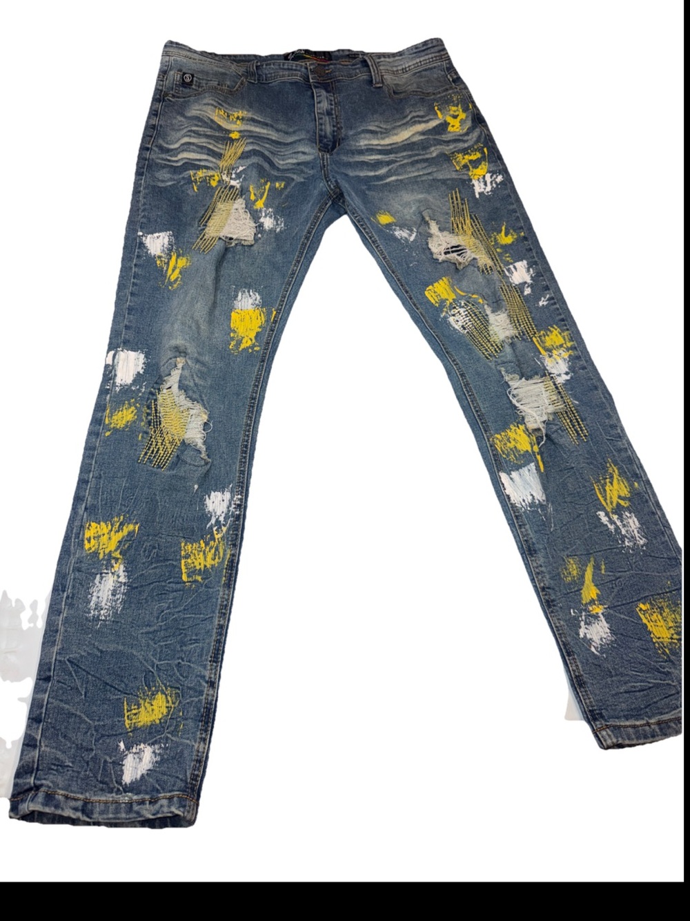 Switch Remarkable Mens Distressed Yellow Stitch Paint Slim Taper Fit Jeans 40x32